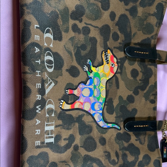 Coach Rexy Brown Camo Print Tote with Multicolor Pride Dinosaur Patch - Picture 4 of 11